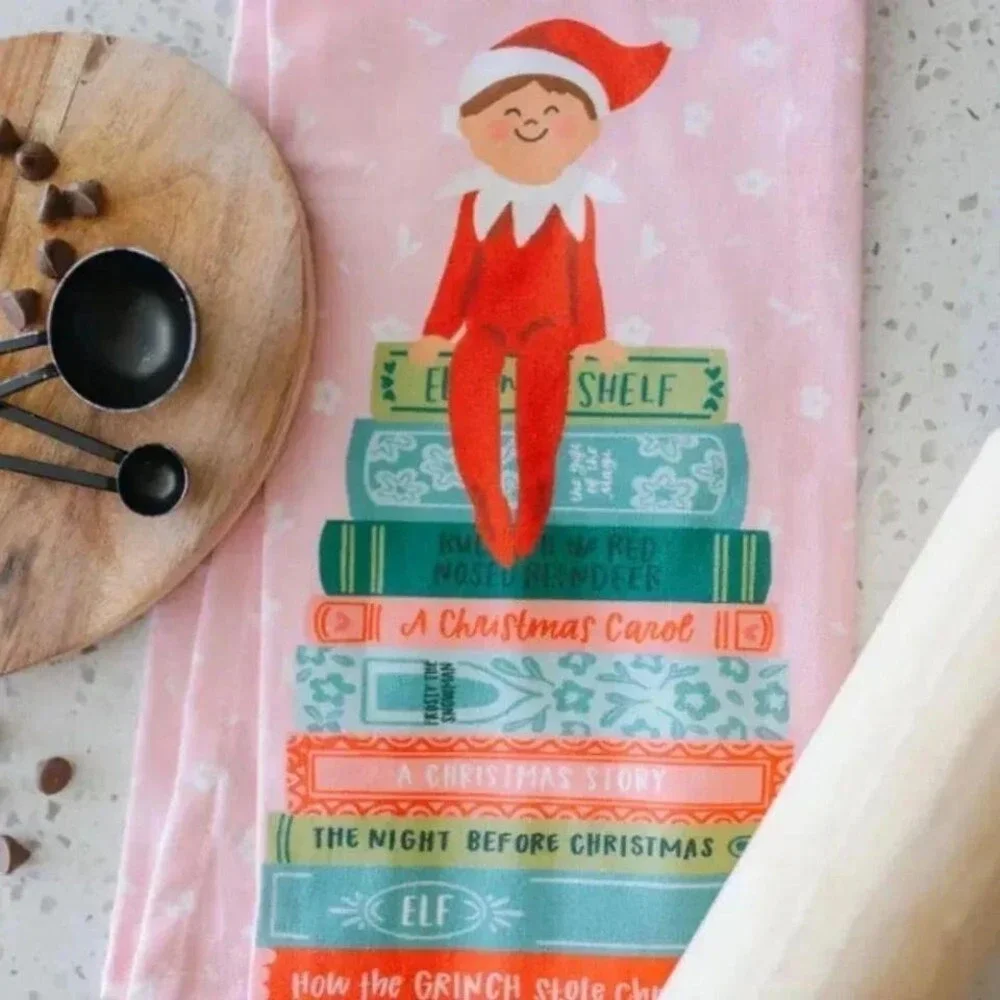 Holiday Elf on the Shelf Book Stack Tea Towel NEW